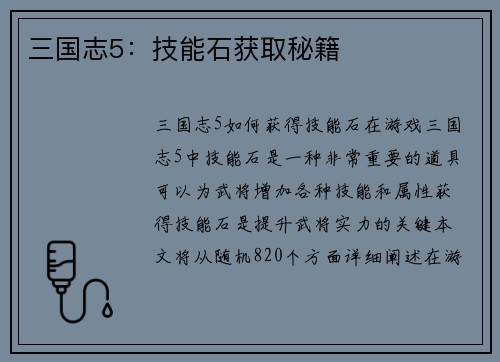 三国志5：技能石获取秘籍